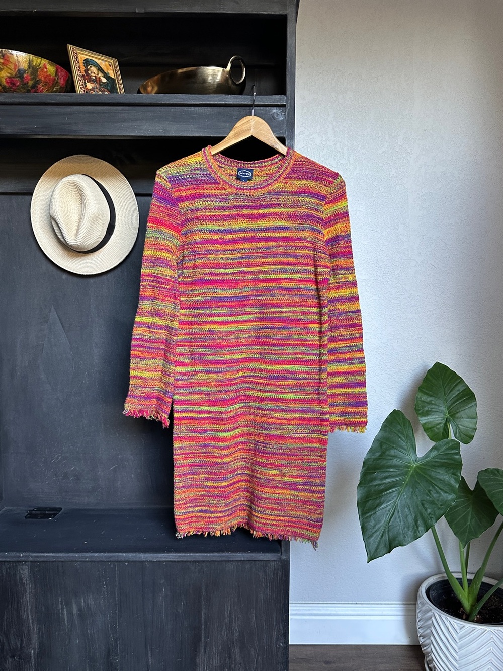 Scoop Womens Knit Sweater Dress - Knee Length Colorful With Fringe Hem - Small
